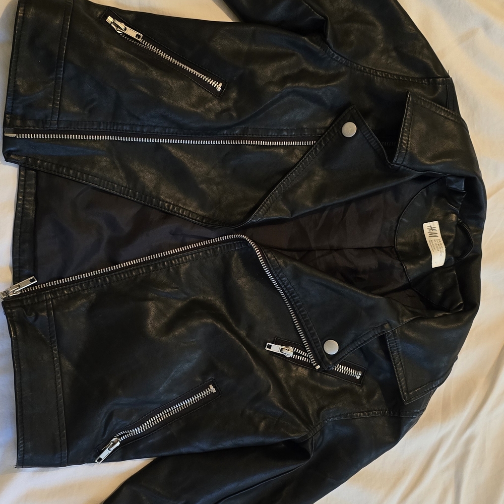 Black Faux Leather Jacket with Silver Zippers